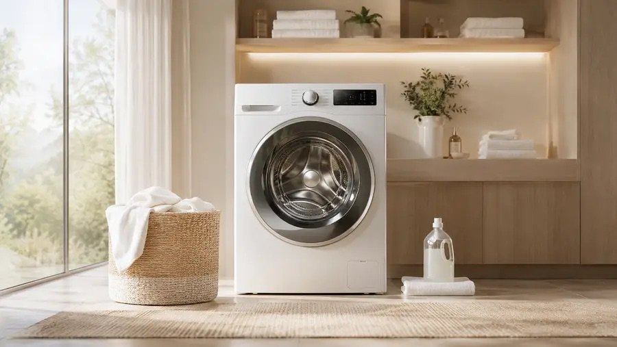 A freestanding washing machine with a laundry basket beside it